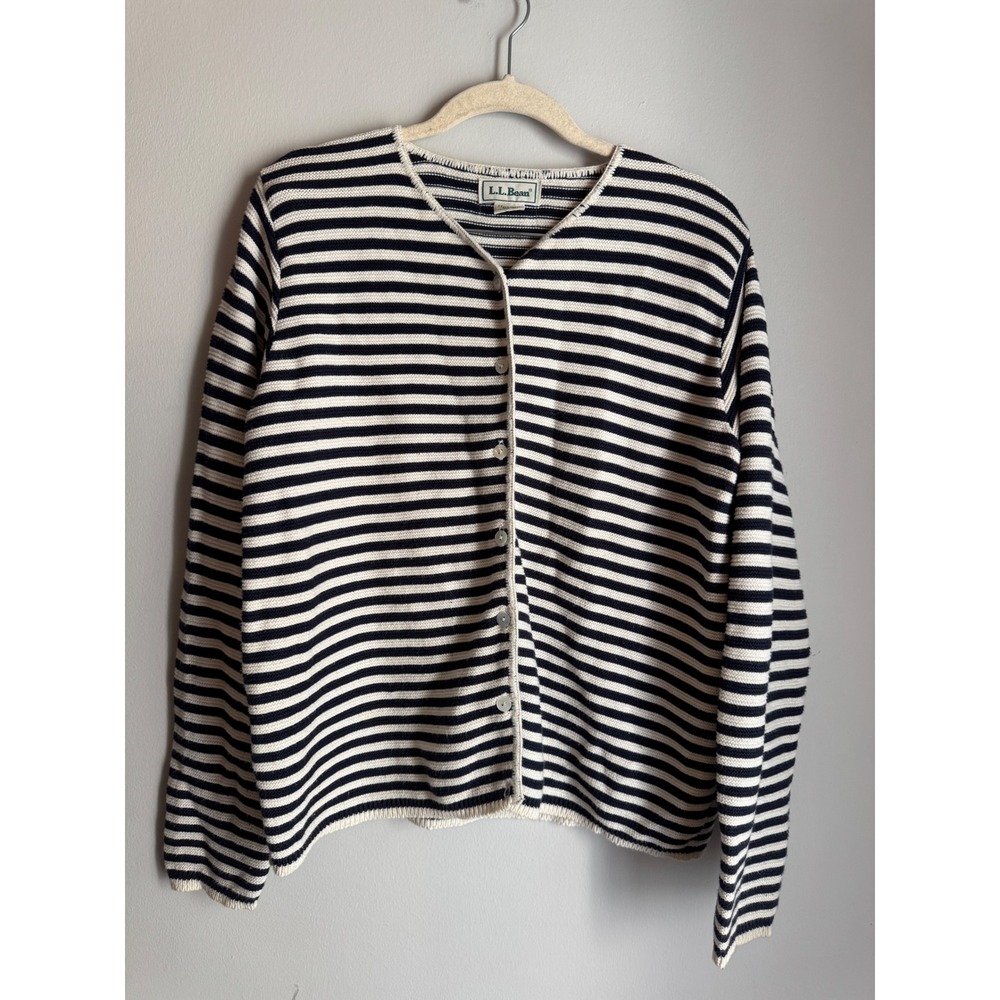 LL Bean Striped Cardigan Sweater Navy Cream Cotton Made in USA Medium Tall